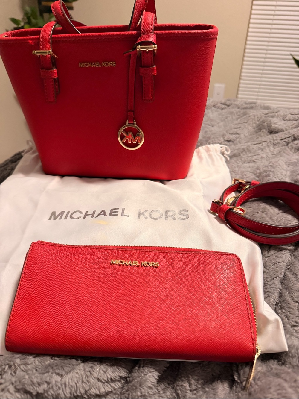 Michael Kors Red Saffiano Tote with Matching Wallet